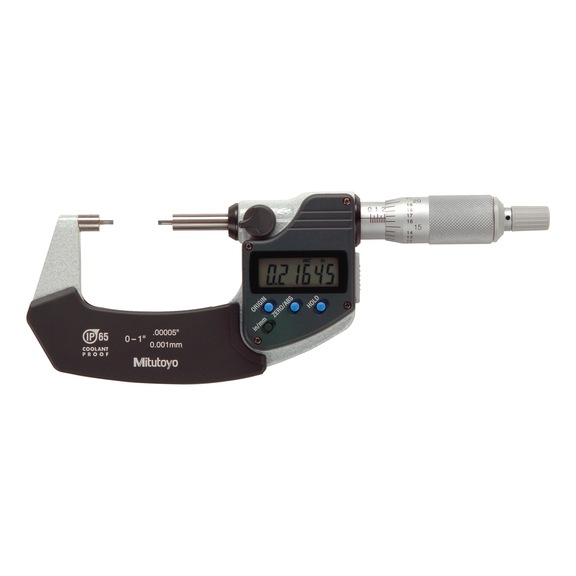 Micrómetro digital MITUTOYO con peq. superficies de medición 2 mm 1–2 pulg. IP65 - Micrómetro de exteriores electrónico