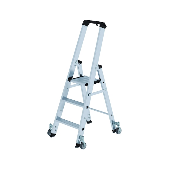 Aluminium standing ladders with steps, with platform, castors