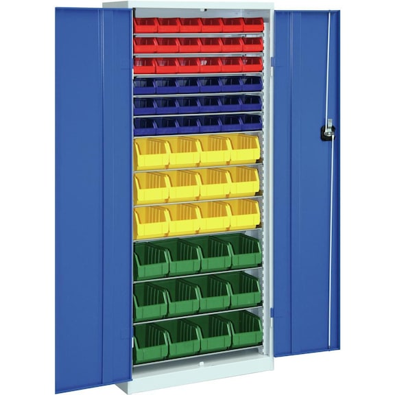 Regálová skříň HK s&nbsp;dveřmi, model 2, s&nbsp;průhl.sklad.krabicemi, RAL 7035/5010 - Skříň s křídlovými dveřmi vybavená přehlednými polystyrenovými úložnými přihrádkami