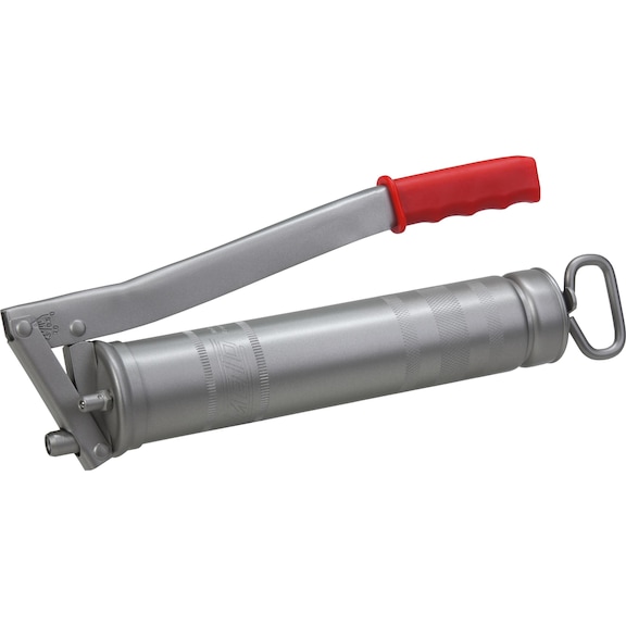 High-pressure hand-lever grease gun with short-stroke system