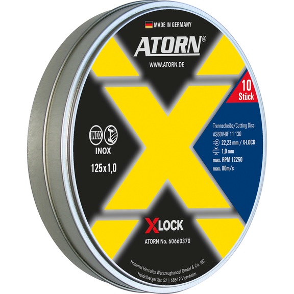 ATORN Trennscheibe X-LOCK INOX Ø125x1x22,23mm 10 Stück in der Blechdose - Trennscheibe X-LOCK INOX 10er-Box |AKTION