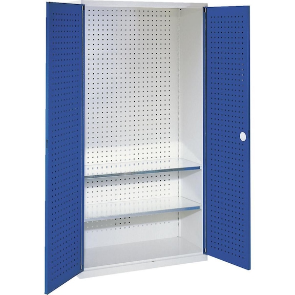 RasterPlan tool cabinet w perforated panel doors 1950x1000x410&nbsp;mm RAL 7035/5010 - Tool cabinet with shelves