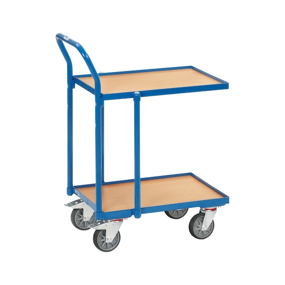 Patrový vozík s&nbsp;trubkovým madlem, nosnost 250&nbsp;kg, ložná plocha 605x405&nbsp;mm - Stolový vozík se 2 dřevěnými ložnými plochami