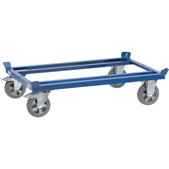 ESD pallet dolly 22812, load cap. 1200 kg, load area 1210 mm x 1010 mm - Pallet trolley made of steel with corner braces