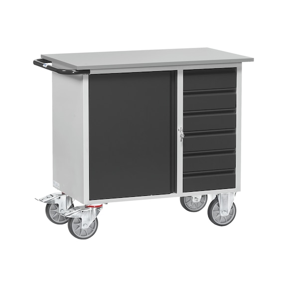 Workshop trolley 2450/7016, load cap. 400 kg, load area 985 mm x 590 mm - Workshop trolley with 1 closed wing door cabinet and 1 drawer cabinet