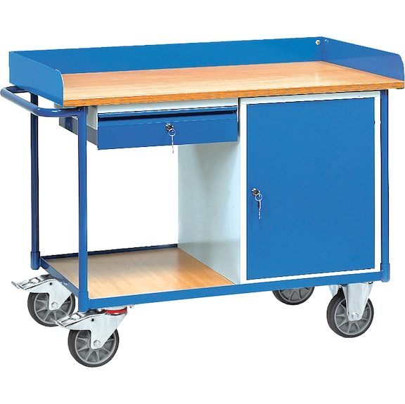 Workshop trolley 2436, load cap. 400 kg, load area 1,120 mm x 650 mm - Workshop trolley with 1 closed wing door cabinet and 1 drawer