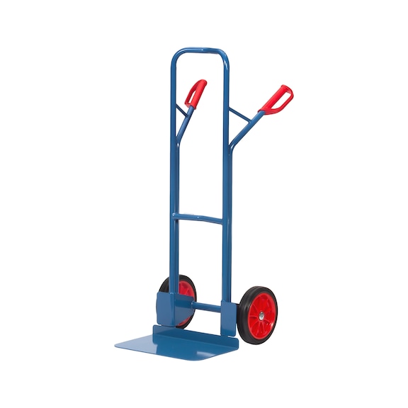 Steel sack truck with curved bar, solid rubber tyres 