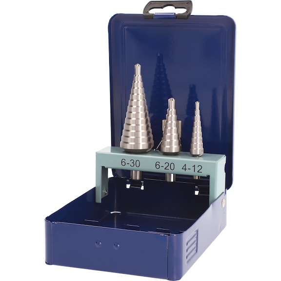 Stepped drill bit set HSS, uncoated, straight groove