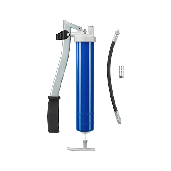 High-pressure hand-lever grease gun complete with hose and mouthpiece