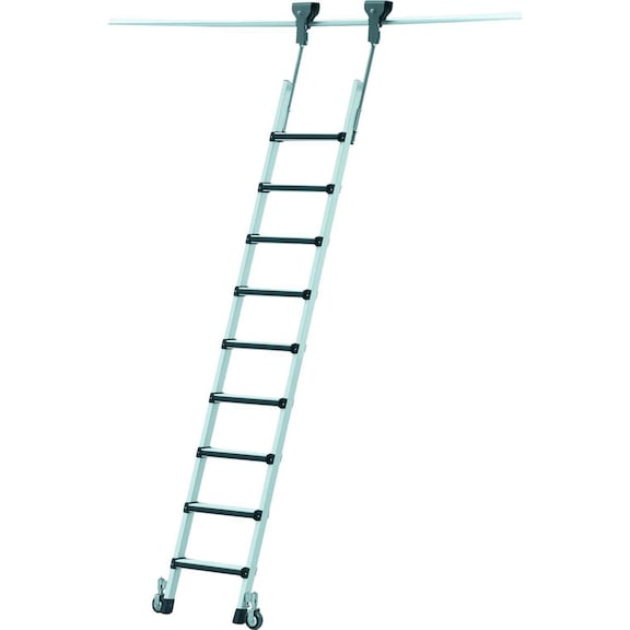 ZARGES 移动式高架梯 Z 600，7 级踏板，带衬垫，吊钩悬挂高度 1.90-2.13 米 - 前边缘装有软垫的搁架活梯，可移动