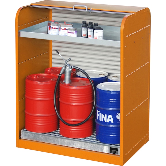 hazardous materials roller shutter cabinet, 6 x 60-l drums, with additional small cask tray