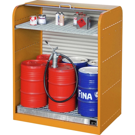 hazardous materials roller shutter cabinet, 6 x 60-l drums, with additional grating floor