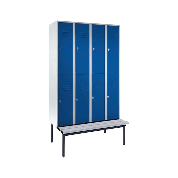 Wardrobe with bench underframe, 2 compartments, 300 mm, 4 shelves, RAL 7035/5010 - Clothes locker cabinet with bench underframe