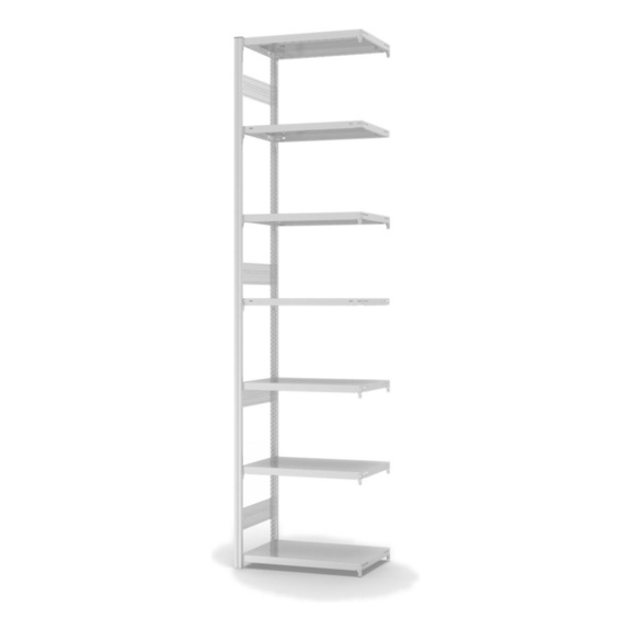 HOFE shlv. rack add-on bay 750x400 mm, 7 light grey shelves, load cap. 315 kg - Single-sided shelving rack