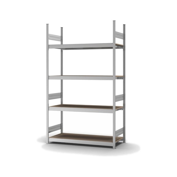HOFE large-compartment rack basic bay 1,500x500 mm, 4 zp. shelves, chipbd panels - Large-compartment rack with chipboard panels