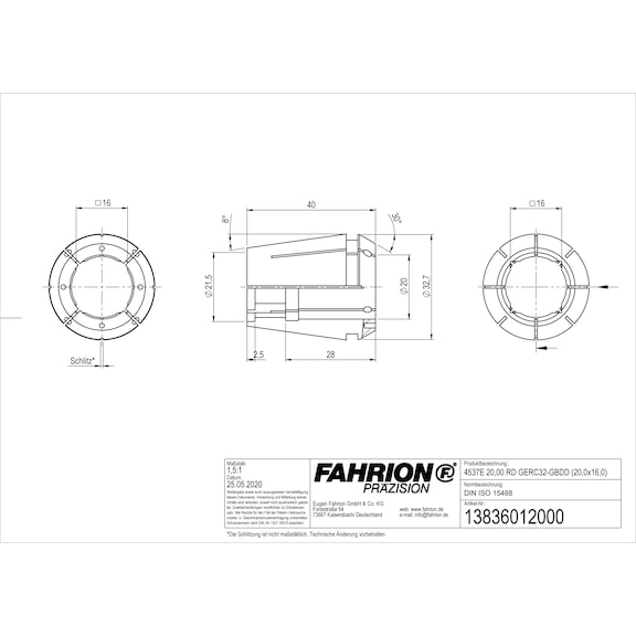 FAHRION kılavuz tutucu DIN ISO 15488-32 4537E, 20,00 mm RD GERC32-GBDD - Tip ER kılavuz bağlama adaptörleri