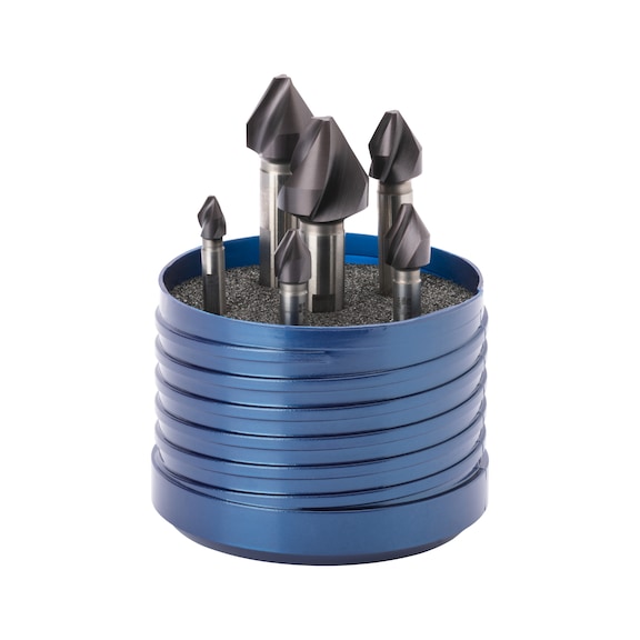 ATORN countersink set, 60°, unequal spiral pitch, 6.3-20.0 mm, 3-flat shank - Countersink set 60° HSS TiAIN T3 unequal spiral pitch