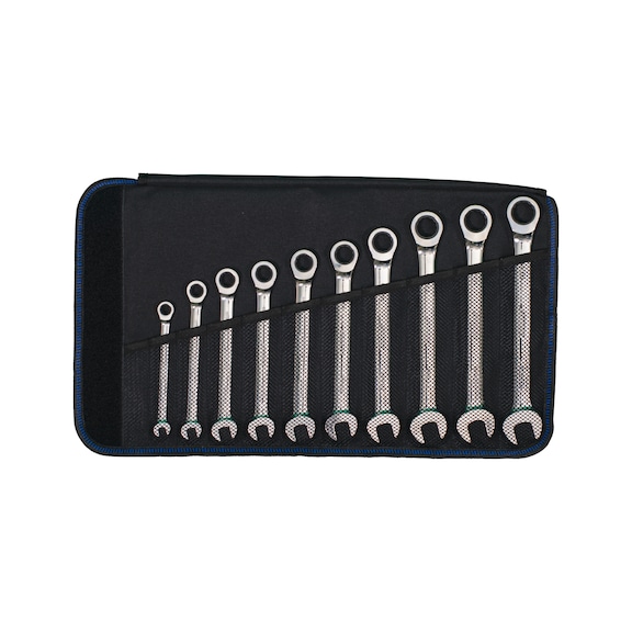 ATORN ratchet combination spanner set, 10&nbsp;pieces, straight, in textile tool roll - Ratchet combination wrench set consisting of 10 pieces