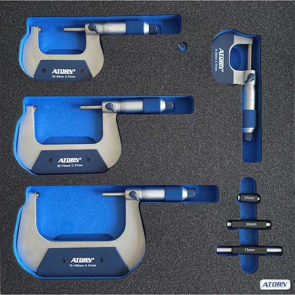 ATORN hard foam insert equipped with 4 micrometers measuring 0-100 mm - Hard foam insert - micrometers 4