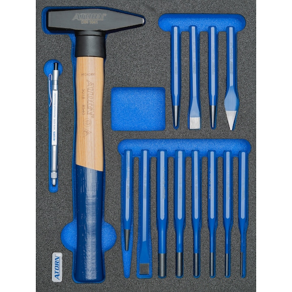 Inserto schiuma dura ATORN c/kit di martelli+scalpelli, LxPxA: 345x260x30mm - Inserto in schiuma dura con utensili, kit di martelli + scalpelli