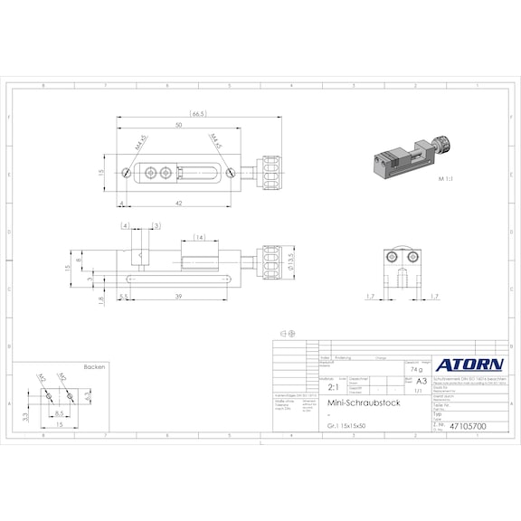 ATORN Mini-Schraubstock 50x15x15 mm Aluminium Spannweite 14 mm Spanntiefe 8 mm - Mini-Schraubstock