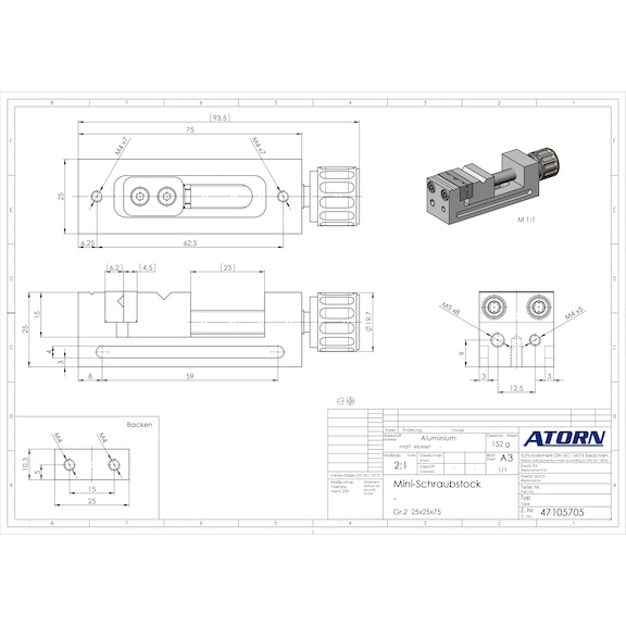 ATORN Mini-Schraubstock 75x25x25 mm Aluminium Spannweite 23 mm Spanntiefe 15 mm - Mini-Schraubstock