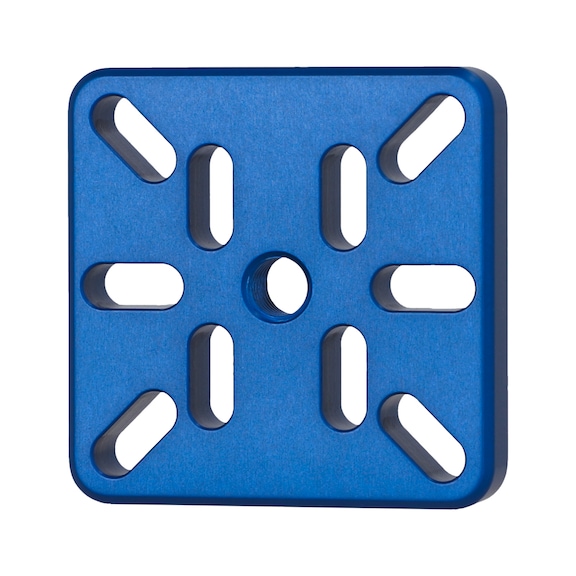 Anschlussflansch aus Aluminium, blau, M8, 51,5 x 51,5 x 10 mm - Aluminium-Montageplatte