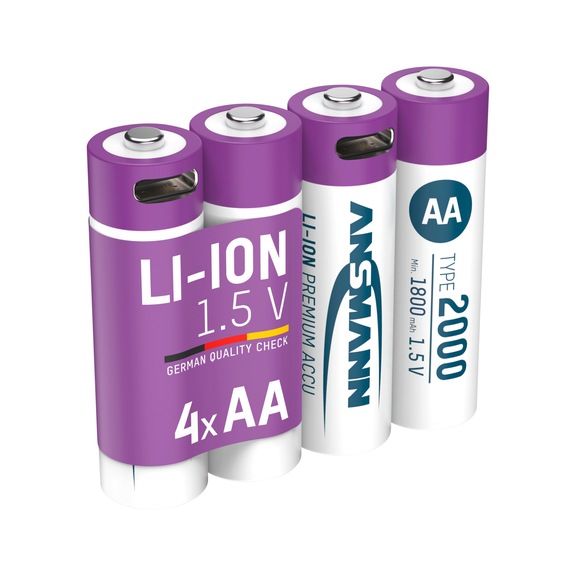 ANSMANN lithium rechargeable battery AA with charging socket, pack of 4 - AA lithium rechargeable battery with charging socket