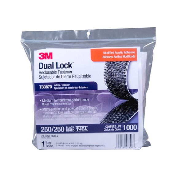 Bande Velcro Dual Lock 3M TB3870, 25,4 mm x 3 m, noire, 2 bandes dans un sachet - Bande Velcro Dual-Lock TB&nbsp;3870