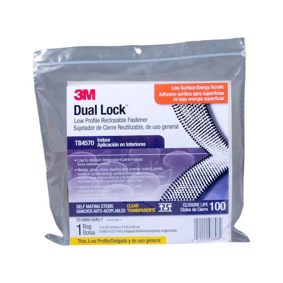 Bande Velcro Dual Lock 3M TB4570, 25,4 mm x 3m, transp., 2 bandes dans un sachet - Bande Velcro Dual-Lock TB&nbsp;4570