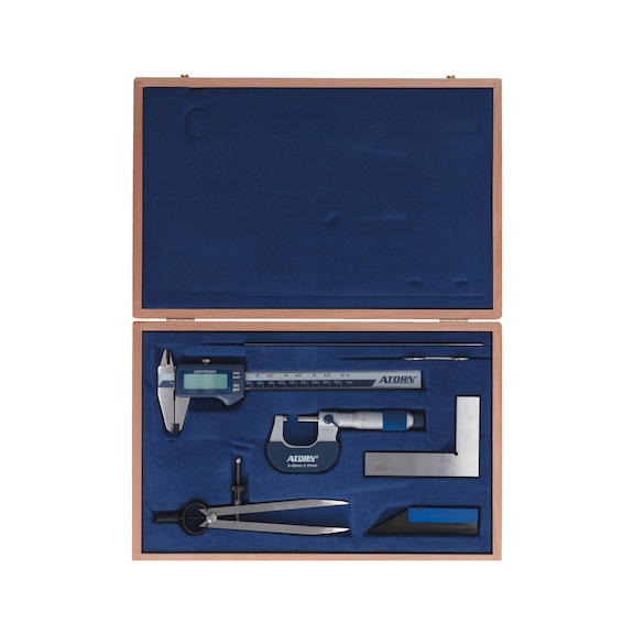 Kit strumenti di misurazione ATORN, 6 elementi, cassetta di legno, calibri a nonio digitali - Kit di utensili di misurazione