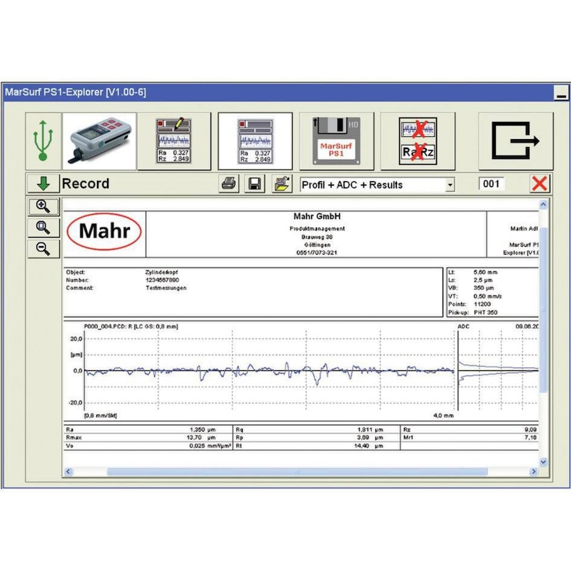 MAHR Software Explorer für MAHR Rauheitsmessgeräte MarSurf PS1 und M300/ M300C - Mess- und Auswertesoftware EXPLORER
