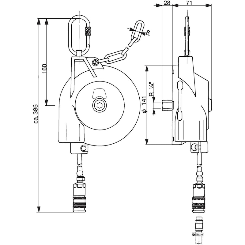 弹簧平衡器 AIR-AUTOSTAT，型号 7223/2，1.2-2.2 kg - 带延长气动软管的平衡器，承载能力 0.4-3.0 千克
