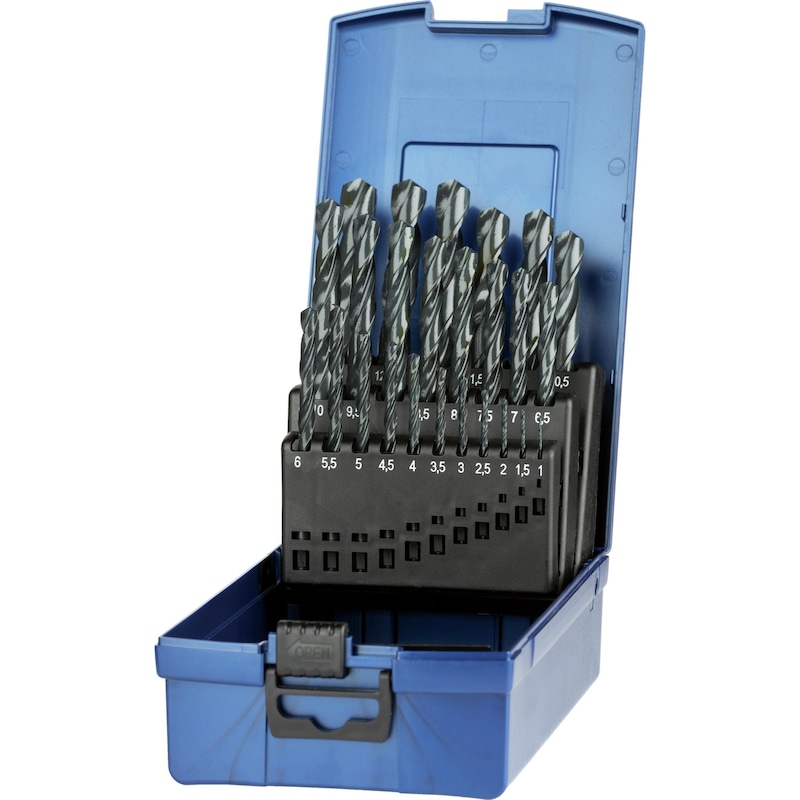 ORION jeu forets métal, HSS, DIN 338, 1,0-13,0 mm/0,5 mm, dans boîte métal 11041 - Jeu de forets métal dans une boîte, type N HSS, traités à la vapeur