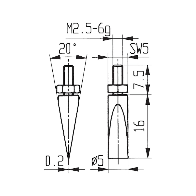 Messeinsatz Typ 20 schneidenförmig mit Kontermutter - Messeinsätze M2,5
