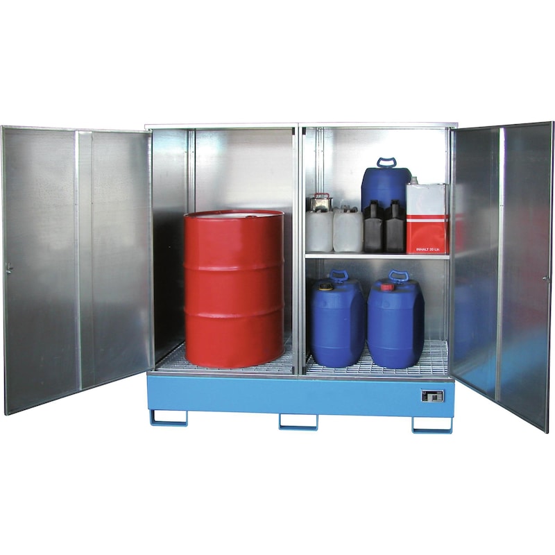 Gevaarstoffenkast voor 2 x 200 vaten, 1680x690x1780 mm, cap. 230 l, RAL 5012 - Veiligheidskast gevaarlijke stoffen voor 200 l vaten