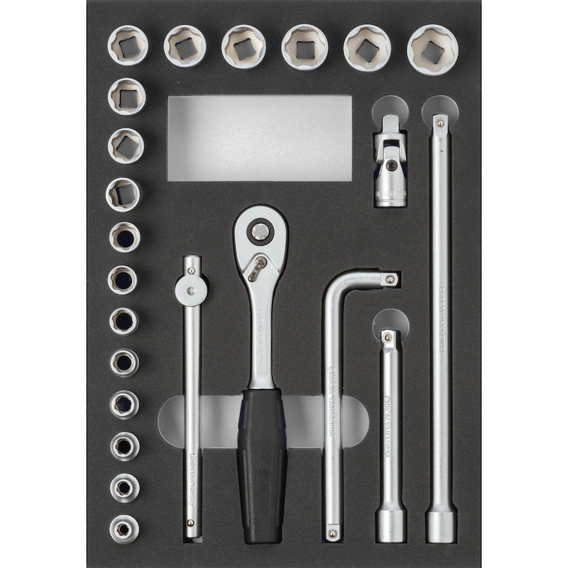 hard foam insert equipped with tools, socket wrench 3/8 inch set