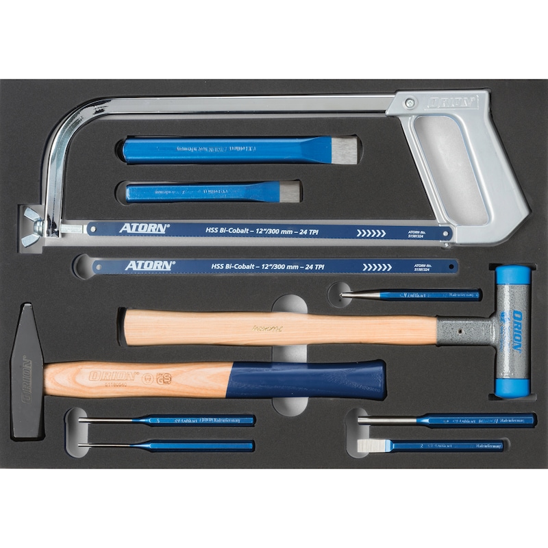 hard foam insert equipped with tools, hammer, saw set