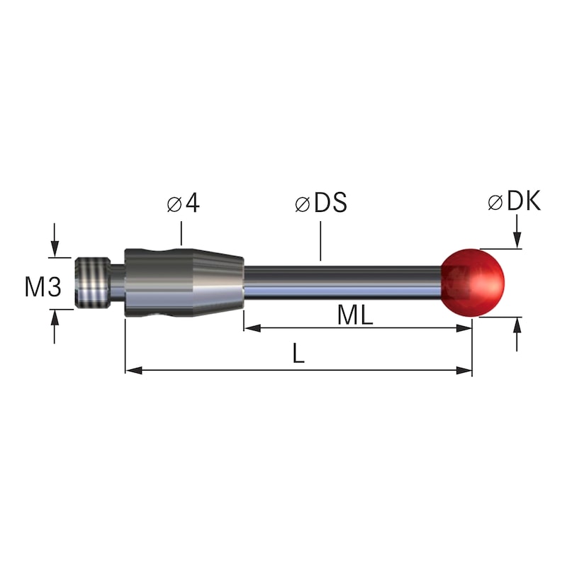 Messtaster mit HM-Schaft M3 RubinKugeldurchmesser 1,5 mm, L = 21 mm - Tasteinsätze mit Rubinkugel und Hartmetall-Schaft