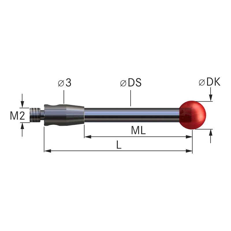 Messtaster mit HM-Schaft M2 RubinKugeldurchmesser 1,5 mm, L = 10 mm - Tasteinsätze mit Rubinkugel und Hartmetall-Schaft