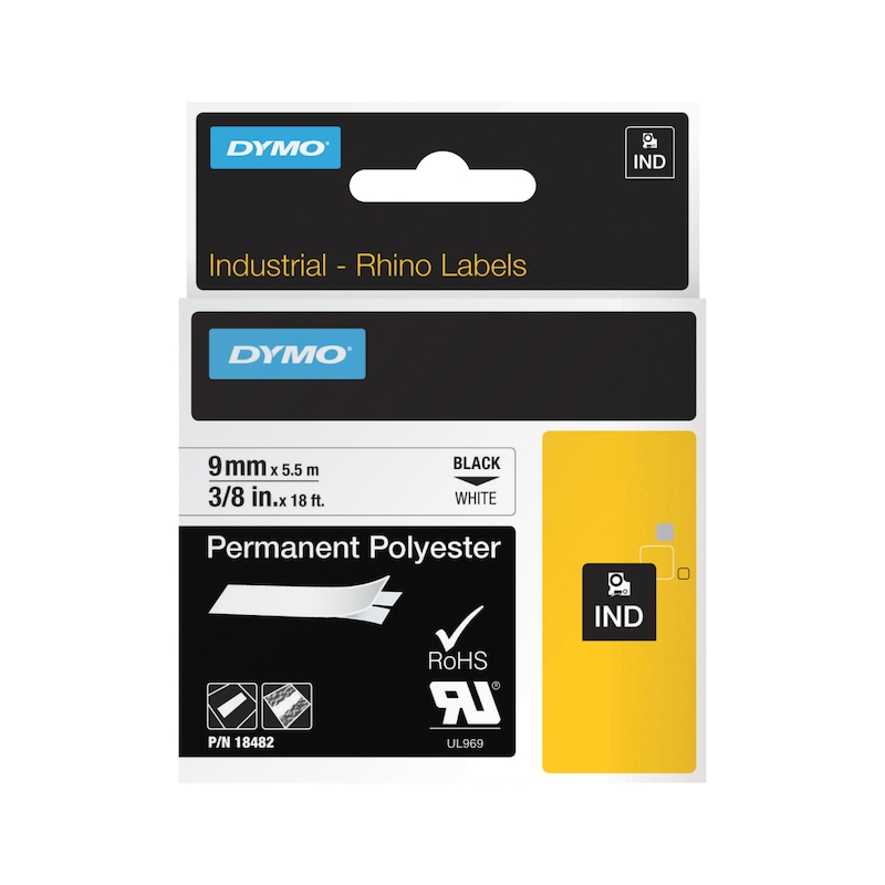 Ruban d'étiqueteuse en polyester DYMO Rhino 9 mm x 5,5 m, noir sur blanc - Rubans d'étiquetage industriel Rhino