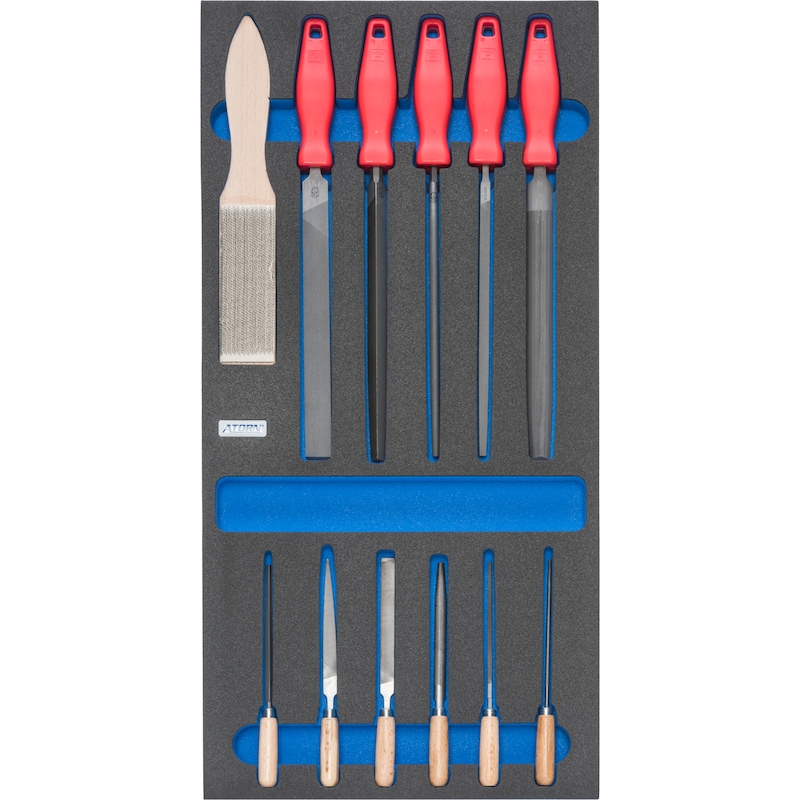 Insert en mousse rigide ATORN avec kit de limes 293x587x30 mm, noir/bleu - Alvéole en mousse rigide équipée avec outils, jeu de limes