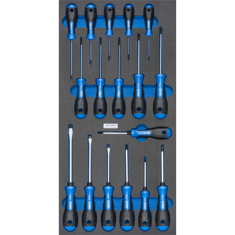 ATORN Hartschaumeinlage mit Schraubendreher-Satz 293x587x30 mm schwarz/blau - Hartschaumeinlage bestückt mit Werkzeugen, Schraubendreher-Satz