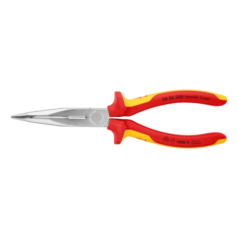 Snipe nose pliers, bent, with VDE-insulated 2-component grip covers
