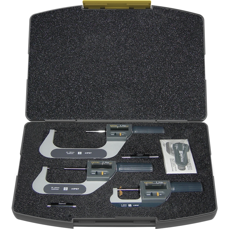 Sylvac IP67 mikrométer készl., mérési tart. 0–102&nbsp;mm, IP67 védett adatkimenettel - Elektronikus kengyeles mikrométer készlet