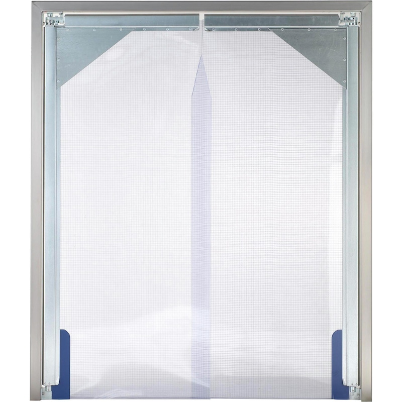 Lengőajtó, 2 ajtós, 3000 x 2000 mm, átlátszó/áttetsző, szövött hálós betéttel - PVC lengőkapu - erősített szerkezetű kivitel