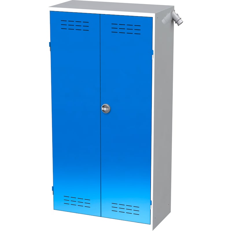 HK accu-oplaadkast, geh. metalen deuren, 1950x1000x500 mm, 4 lb. RAL 7035/5010 - Accu-oplaadkast met massief plaatmetalen deuren