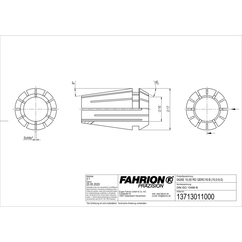 FAHRION Präzisions-Spannzange DIN ISO 15488-B16 426E 10,0 RD GERC16-B (10,0-9,0) - Präzisions-Spannzangen Typ-ER