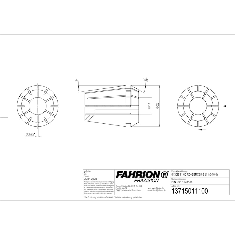 FAHRION Präzisions-Spannzange DIN ISO 15488-B25 430E 11,00 RD GERC25-B (11-10) - Präzisions-Spannzangen Typ-ER