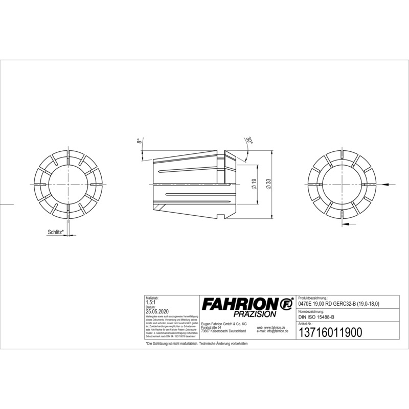 FAHRION Mandrin à pinces préc DIN ISO 15488-B32 470E 19,00 RD GERC32-B (19-18) - Pince de serrage de précision de type ER